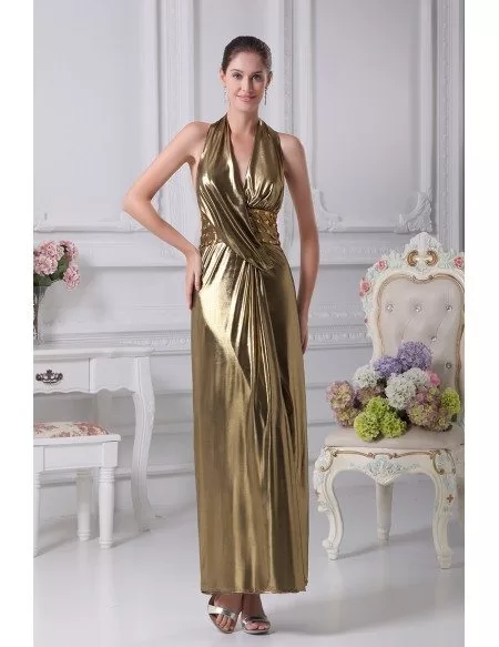 Shinning Long Halter Beaded Slim Gold Formal Dress in Open Back