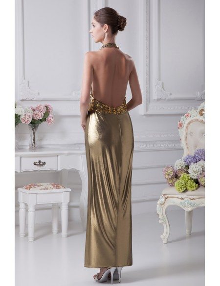 Shinning Long Halter Beaded Slim Gold Formal Dress in Open Back
