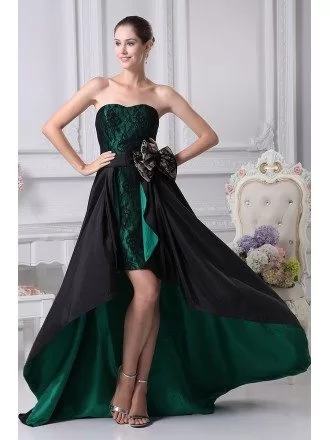 Black and Hunter Green Strapless Lace Bow Wedding Dress in Short Front Long Back