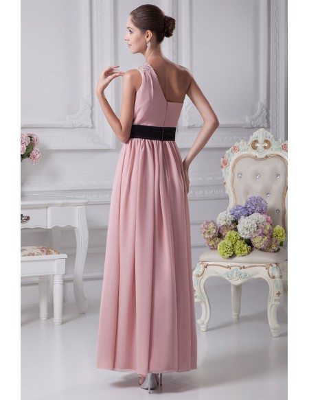 Simple Pink One Shoulder Beaded Strap Chiffon Bridesmaid Dress with Black Sash