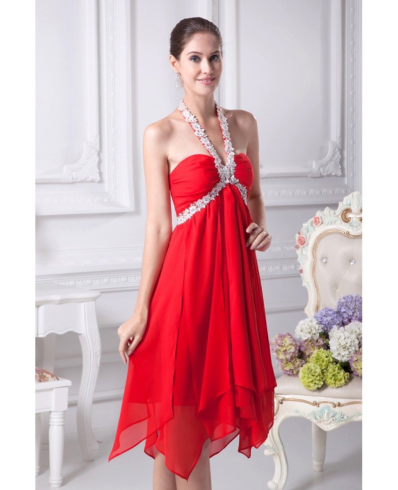Hot Red Short Chiffon Crystal Prom Dress with Long Halter Neck #OP4246 ...