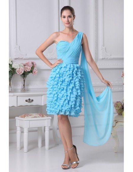 Layered Blue Knee Length Folded Bridal Party Dress in One Shoulder