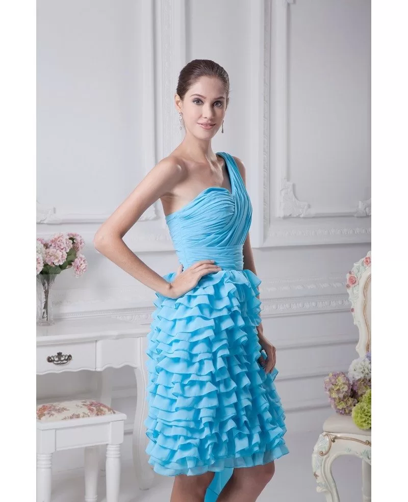 Layered Blue Knee Length Folded Party Dress in One Shoulder #OP4247 ...