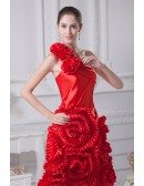 Beautiful Hot Red One Shoulder Scalloped Flowers Wedding Dress in Knee Length