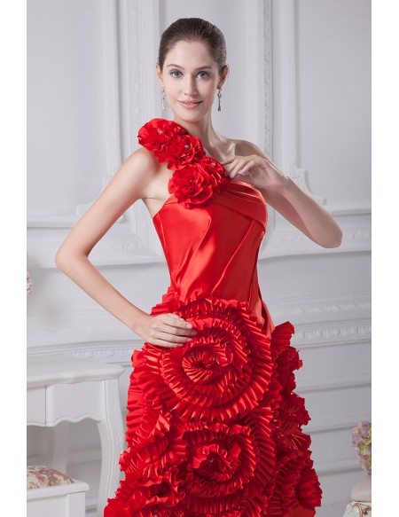 Beautiful Hot Red One Shoulder Scalloped Flowers Wedding Dress in Knee Length