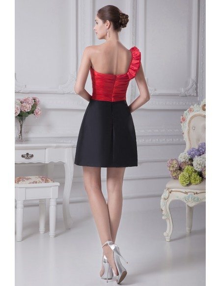 Simple Black and Red One Shoulder Taffeta Bridesmaid Dress in Cocktail Length