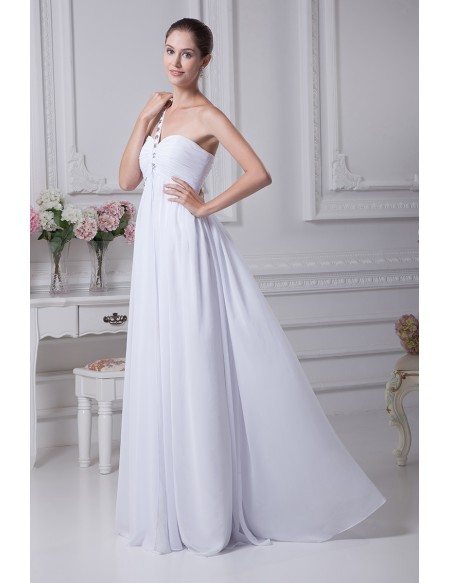 Plain White Pleated Chiffon Bridal Dress with One Beaded Strap