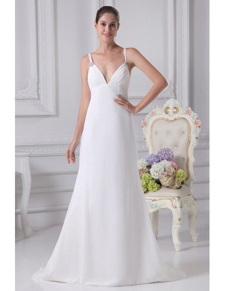 Simple Deep V Chiffon White Train Bridal Dress with Spaghetti Straps