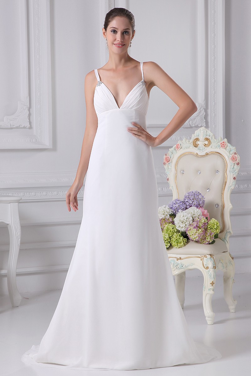 Simple Deep V Chiffon White Train Bridal Dress with Spaghetti Straps # ...
