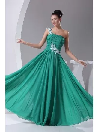 Green with White Lace One Shoulder Pleated Bridal Party Dress in Chiffon