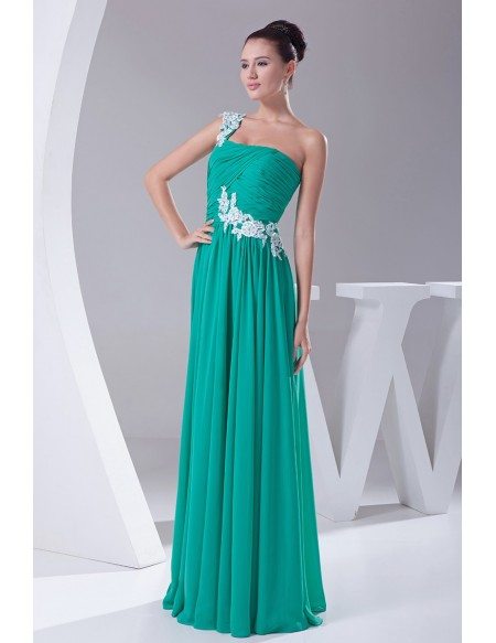 Green with White Lace One Shoulder Pleated Party Dress in Chiffon # ...