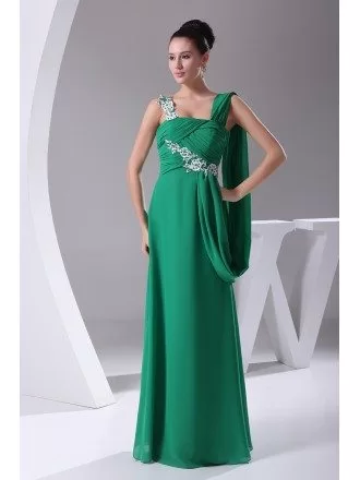 Hunter Green Long Slim Chiffon Evening Dress with Lace Beading