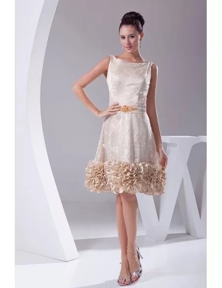 Unique Tulle Lace Short Champagne Formal Dress with Beading Sash