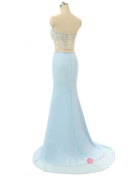 Sky-blue A-line Sweet-heart Sweep-train Asymmetrical Prom Dress with Beading