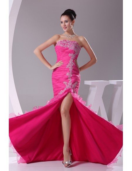 Strapless Lace Fuchsia Organza Cascading Prom Dress with Split Front