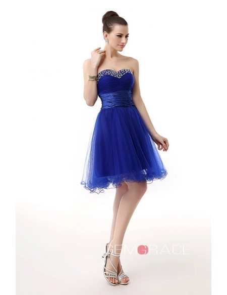 A-Line Sweetheart Short Tulle Prom Dress With Beading Ruffles