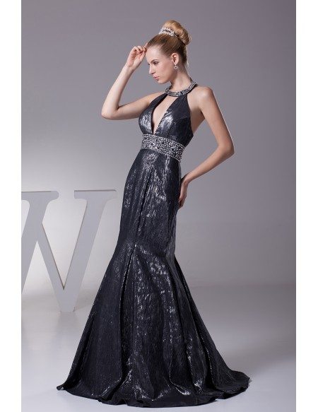 Unique Deep V Beading Black Trumpet Prom Dress