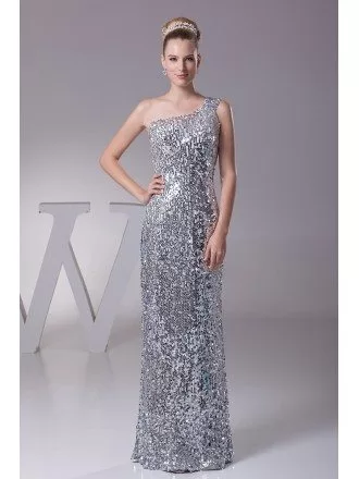 Unique Silver One Shoulder Sequined Formal Dress in Floor Length