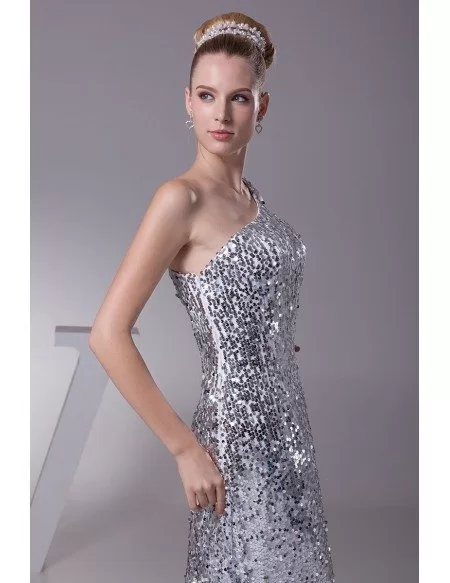 Unique Silver One Shoulder Sequined Formal Dress in Floor Length