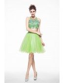 Sage Two-Pieces Halter Short Tulle Prom Dress With Beading