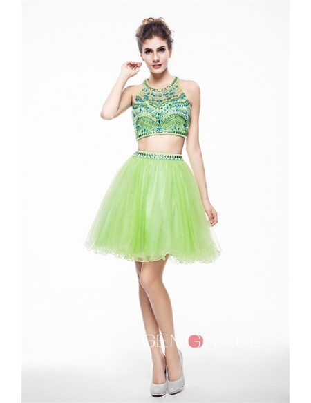 Sage Two-Pieces Halter Short Tulle Prom Dress With Beading
