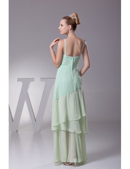 Beaded Long Layered Chiffon Sage Green Mother of the Bride Dress with Spaghetti Straps