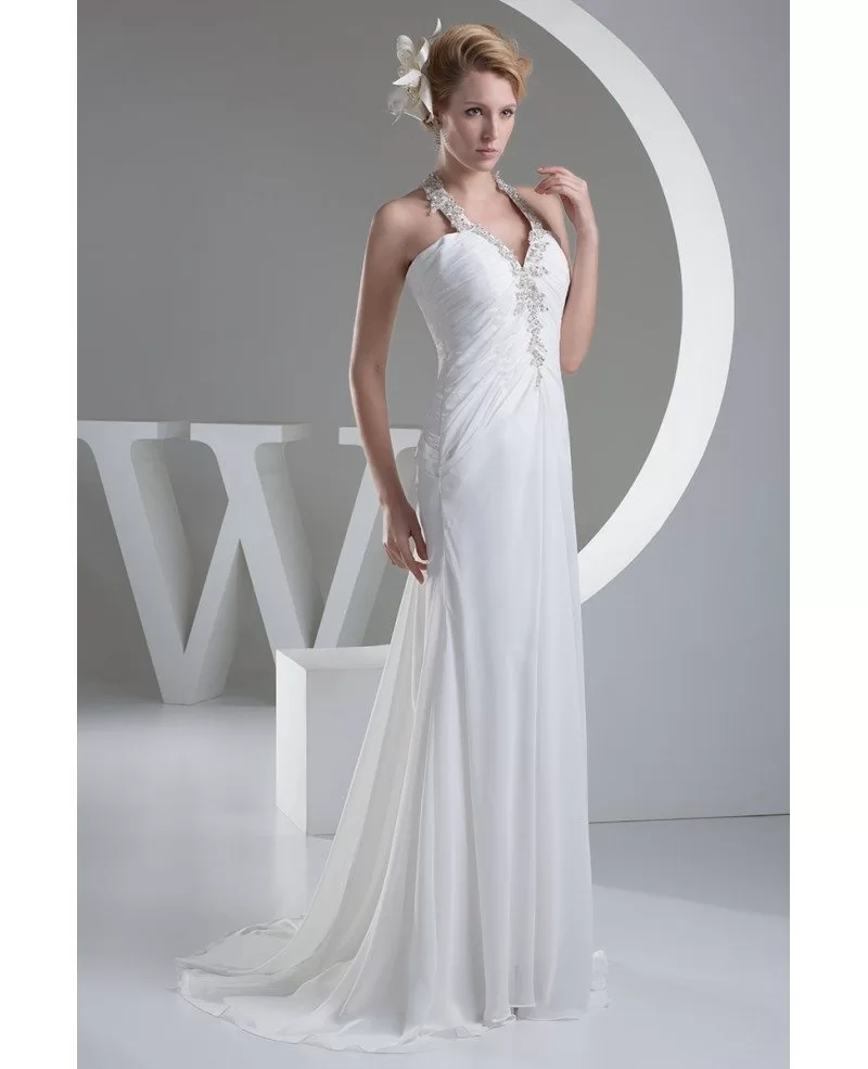 A-line Halter Sweep Train Chiffon Wedding Dress With Ruffle Beading # ...