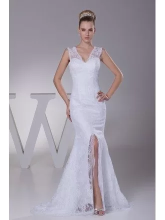 Split Front All Lace Sexy Tight Fit and Flare Wedding Dress with Sweetheart Neckline