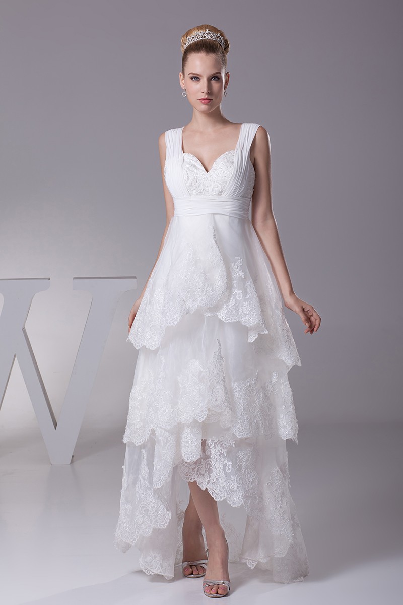 knee length dresses for ladies Front Short Long Back Wedding Dress Satin Sleeved Off Shoulder main image 0