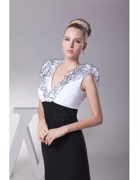 Black and White Beaded Mother of the Bride Dress with V Neck
