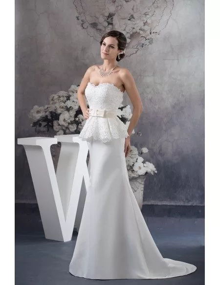 A-line Sweetheart Sweep Train Satin Wedding Dress With Lace