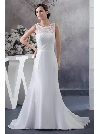 A-line Scoop Neck Court Train Satin Wedding Dress With Lace