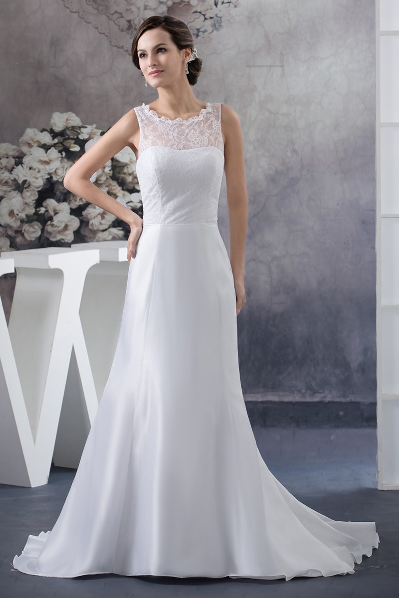 A-line Scoop Neck Court Train Satin Wedding Dress With Lace #OP4760 ...