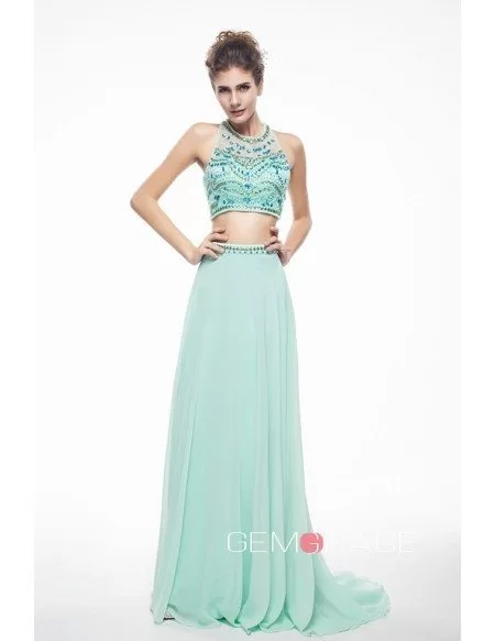 Pool Two-Pieces Halter Chiffon Prom Dress With Beading