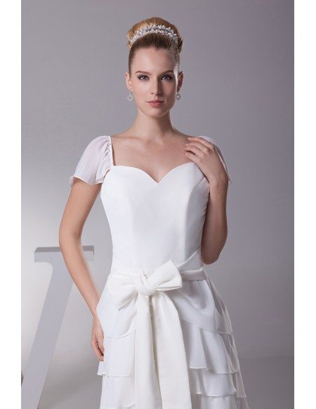 Sweetheart Layered Sash White Bridal Dress with Cap Sleeves