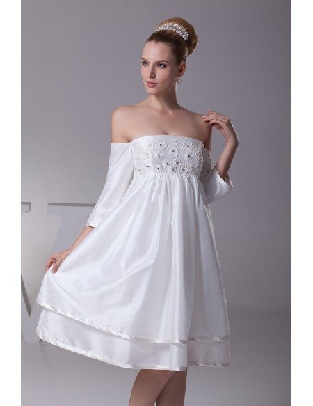 Strapless Short White Floral Beading Taffeta Bridal Dress with Sleeves