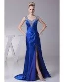Sexy Sweetheart Neck Royal Blue Beading Prom Dress with Split Front