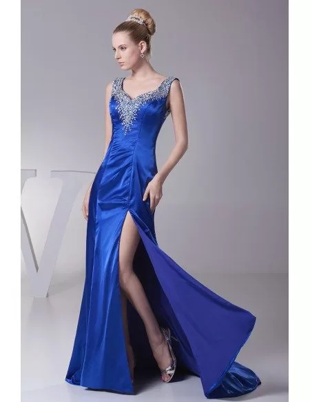 Sexy Sweetheart Neck Royal Blue Beading Prom Dress with Split Front