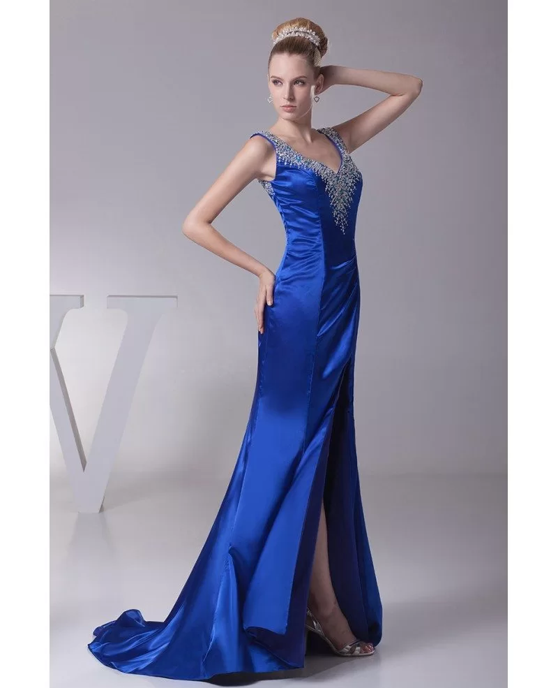 Sexy Sweetheart Neck Royal Blue Beading Prom Dress with Split Front # ...