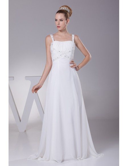 Plain White Beading Straps Long Pleated Wedding Dress with Little Train