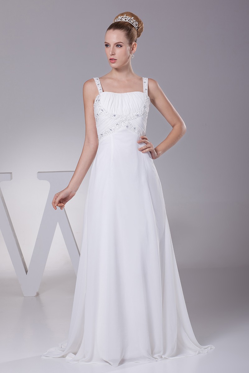 Plain White Beading Straps Long Pleated Wedding Dress With Little
