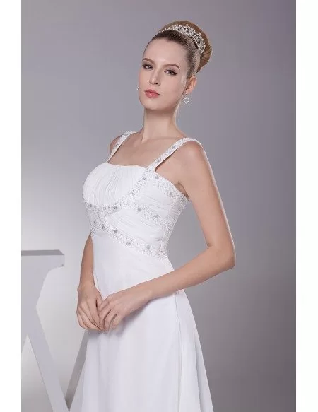 Plain White Beading Straps Long Pleated Wedding Dress with Little Train