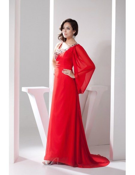 A-line One-shoulder Sweep Train Chiffon Evening Dress With Beading