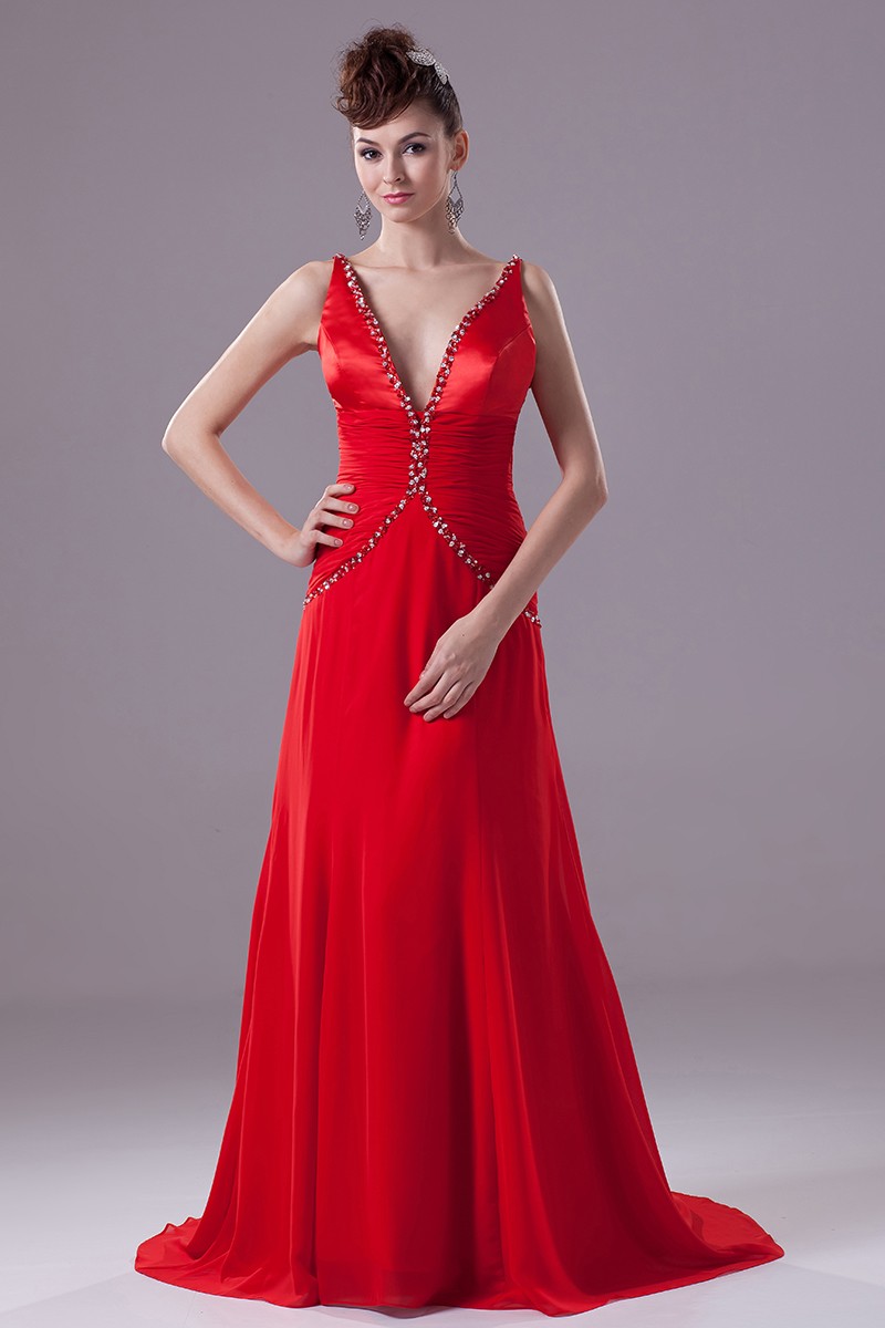 Deep V Beaded Red Ruffled Train Formal Dress with Unique Back #OP4301 ...