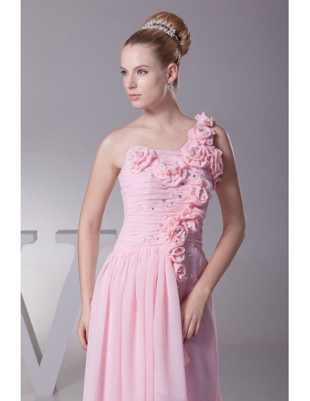 Gorgeous One Shoulder Long Pink Beaded Bridal Party Dress with Handmade Flowers