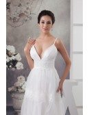 A-line V-neck Floor-length Tulle Wedding Dress With Appliques Lace