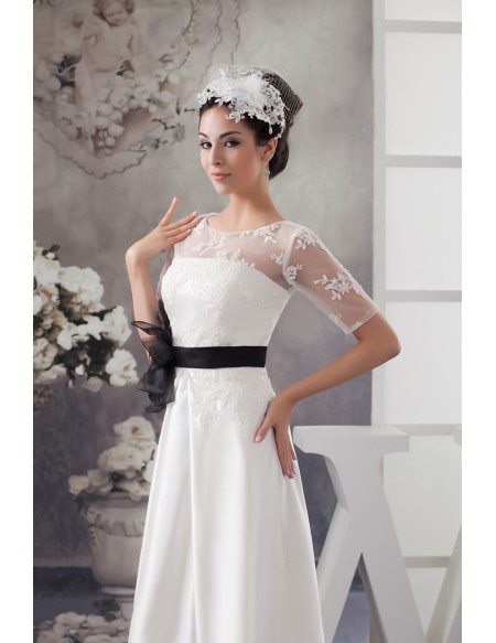 A-line Scoop Neck Floor-length Satin Wedding Dress With Appliques Lace