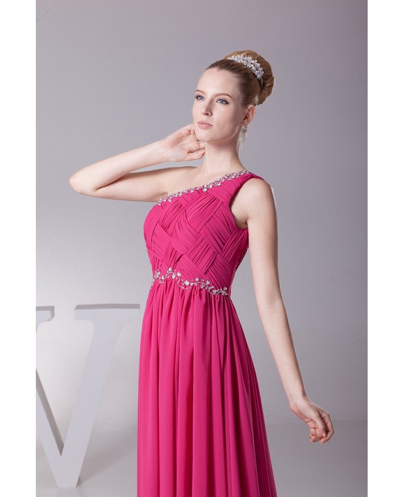 Crossing Pleated Tight Beaded Fuchsia Formal Dress in One Shoulder # ...