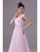Lovely Pink Long Tulle Ruffled Prom Dress with Beading Waist