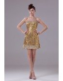 Sexy Strapless Short Cocktail Gold Sequined Party Dress with Sliver Beading
